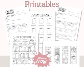 May include: Black and white printable book report, book review, and book tracker pages. The pages include spaces for book titles, summaries, and ratings. The image also includes bookmarks with book-related designs and the text "Download Now."