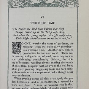 May include: A page from a book featuring the title VI TWILIGHT TIME, a poem about pixies and tulips, and a paragraph of text starting with a decorative floral letter P. The page is framed by a border of intricate floral and bird illustrations.
