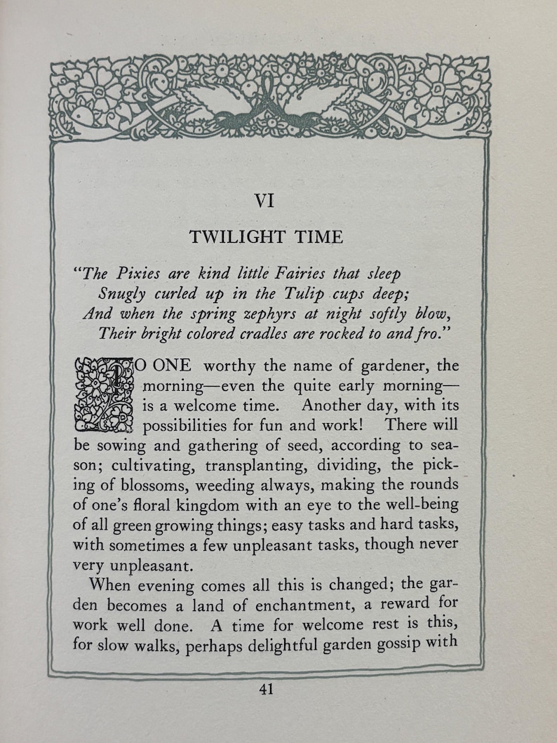 May include: A page from a book featuring the title VI TWILIGHT TIME, a poem about pixies and tulips, and a paragraph of text starting with a decorative floral letter P. The page is framed by a border of intricate floral and bird illustrations.