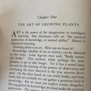 May include: Open book page with the title "THE ART OF GROWING PLANTS" and the first chapter's title. The text discusses the art of growing plants and the importance of observation and knowledge.