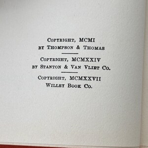 Peut inclure: Gros plan d'une page avec des informations sur le droit d'auteur. Le texte comprend : "COPYRIGHT, MCMI BY THOMPSON & THOMAS", "COPYRIGHT, MCMXXIV BY STANTON & VAN VLIET CO.", et "COPYRIGHT, MCMXXVII WILLEY BOOK Co."
