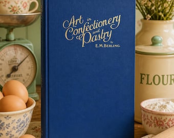 Vintage Cookbook Antique Baking Recipes Bakery Cakes Desserts Pastries Blue Gold Kitchen Decor