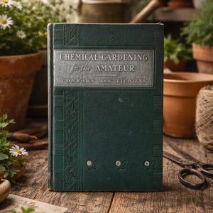 May include: A vintage book titled "CHEMICAL GARDENING for the AMATEUR" with a dark green cover. The book is standing upright on a wooden surface, with gardening tools and potted plants in the background.