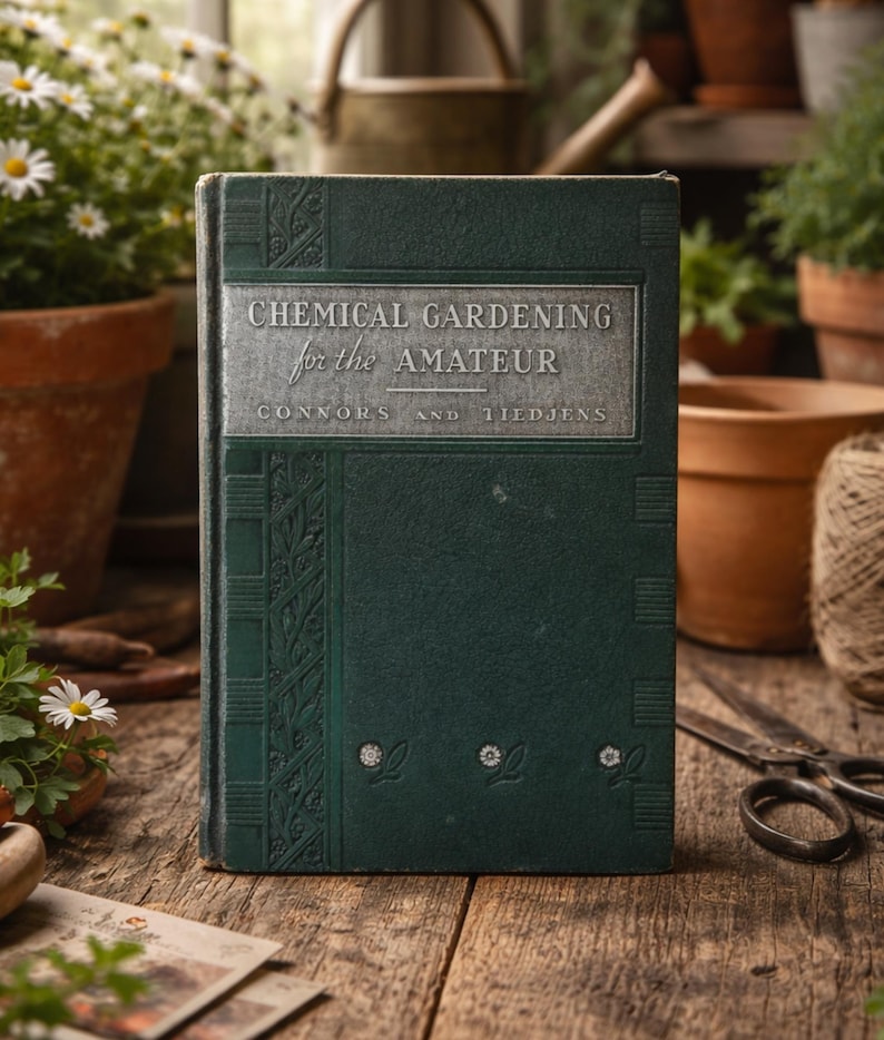 May include: A vintage book titled "CHEMICAL GARDENING for the AMATEUR" with a dark green cover. The book is standing upright on a wooden surface, with gardening tools and potted plants in the background.