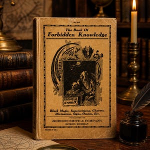 May include: A vintage book titled "The Book of Forbidden Knowledge" with an illustration of a bearded figure and skull. The cover is tan with black text and graphics. The book is surrounded by other books, a candle, and a magnifying glass.