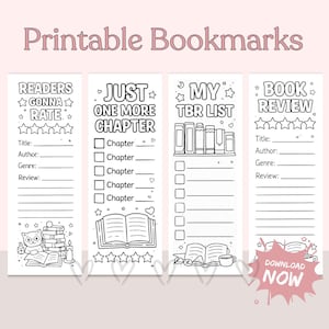 Puede incluir: Cuatro marcadores imprimibles con texto e ilustraciones. Los marcadores incluyen frases como "Readers Gonna Rate" y "Just One More Chapter". Cada marcador tiene espacio para notas y reseñas. Las palabras "Download Now" aparecen en un splash rosa.