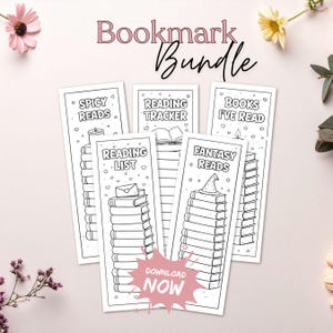 Puede incluir: Un conjunto de marcadores blancos con texto negro. Los marcadores tienen diferentes temas: "Spicy Reads", "Reading Tracker", "Books I've Read", "Reading List" y "Fantasy Reads". También se ven las palabras "Bookmark Bundle" y "Download Now".