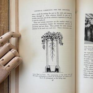 May include: An open book with text and a detailed illustration of a plant's root system in a container. The text discusses chemical gardening techniques for amateur gardeners. The page number 98 is visible.