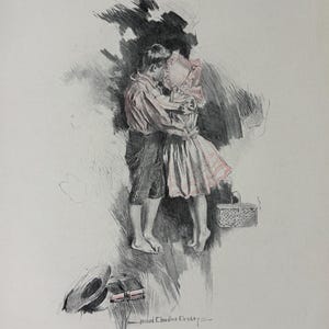 May include: A black and white ink illustration with subtle pink accents depicting two children embracing. One child wears a collared shirt and shorts, the other a dress and bonnet. A small basket, a hat, and a book lie nearby. Signed Howard Chandler Christy.