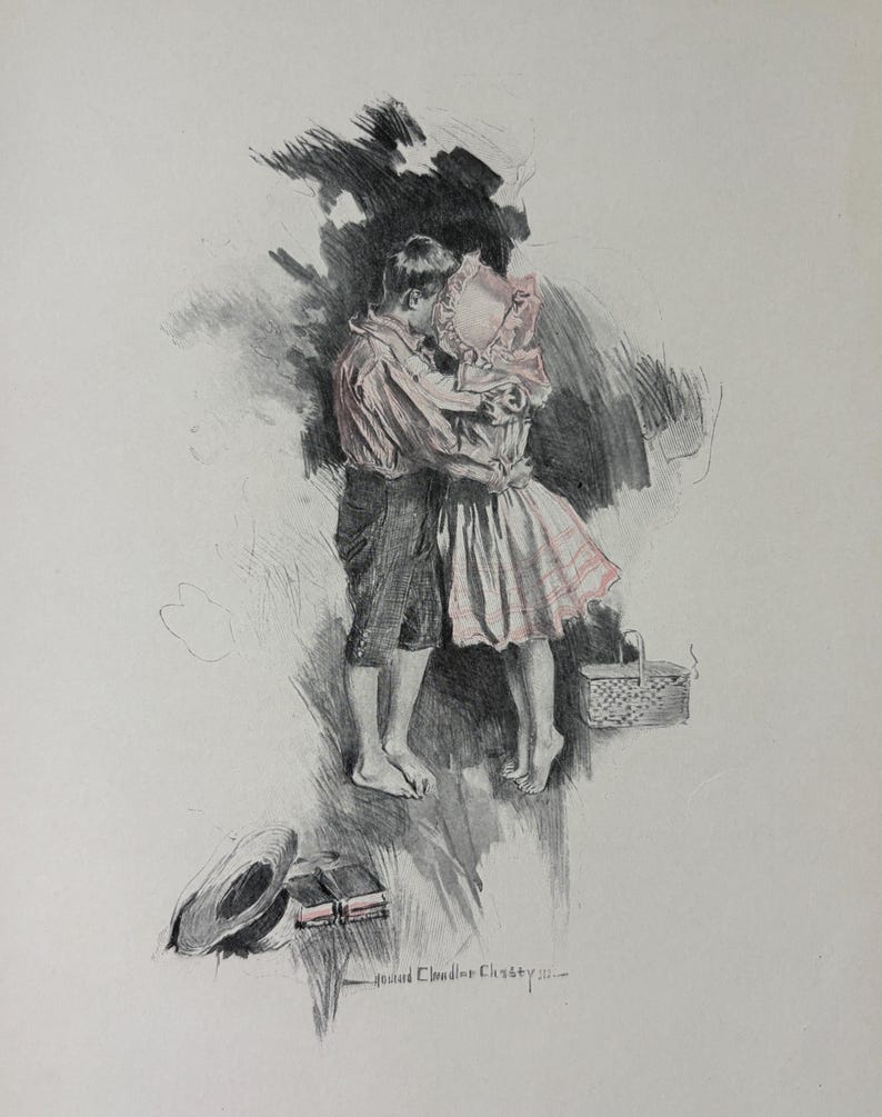May include: A black and white ink illustration with subtle pink accents depicting two children embracing. One child wears a collared shirt and shorts, the other a dress and bonnet. A small basket, a hat, and a book lie nearby. Signed Howard Chandler Christy.