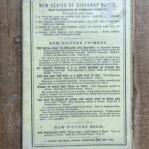 May include: A vintage book cover with a title page for a series of sixpenny books. The cover features a title in bold font, "New Series of Sixpenny Books", and a list of book titles with descriptions. The book cover is printed on a cream-colored paper with black text.