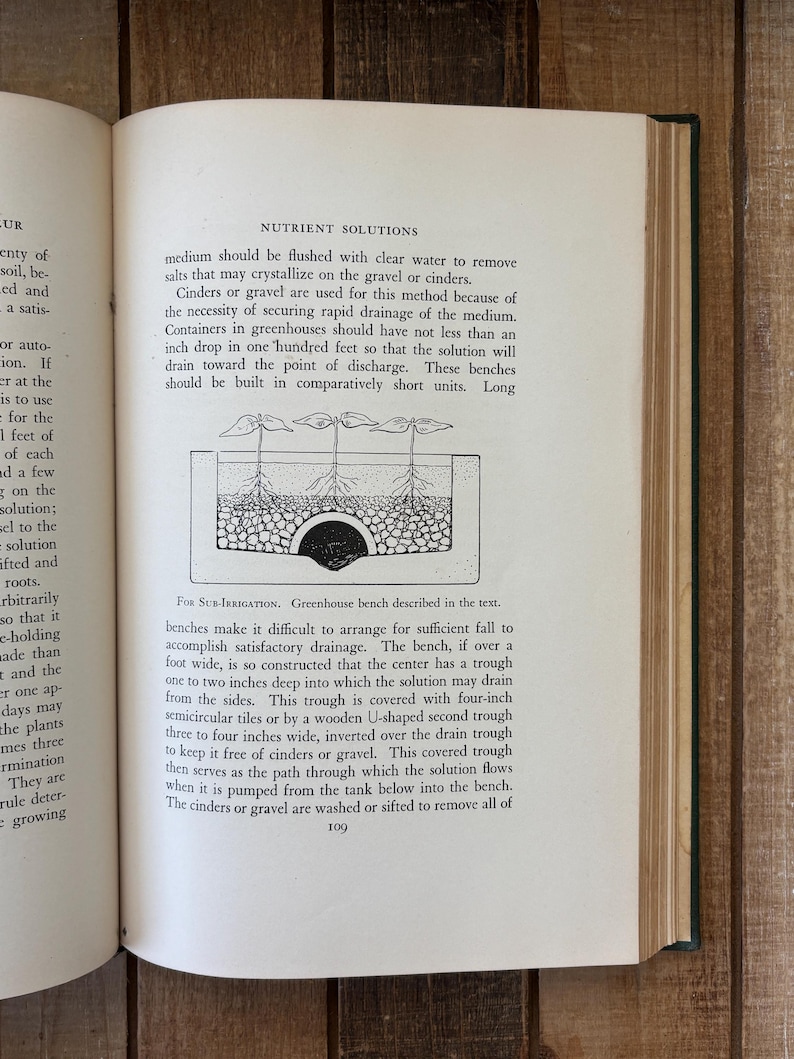 May include: Open book with text and an illustration of a greenhouse bench for sub-irrigation. The text discusses nutrient solutions, drainage, and the use of cinders or gravel. The illustration shows a cross-section of a bench with plants.
