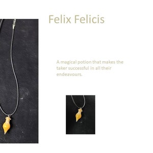 Harry Potter themed Polyjuice, Amortentia, Wolfsbane, Felix Felicis, Skele-Gro, Veritaserum, and Elixir of Life Potion Necklaces Felix Felicis