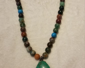 Multi colored Jade and Turquoise Matrix Necklace with Turquoise Matrix Pendant