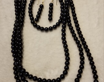 3 Strand Freshwater Black Pearl Beaded Necklace, Bracelet, & Earrings Set for Her