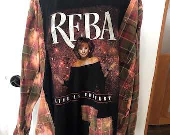 Upcycled clothing for women, Reba McEntire oversized shirt, concert oversized flannel Tshirt combo, upcycled flannel shirt, Shabbyroadstudio