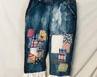 Upcycled clothing for women, Boho patchwork denim bloomers, upcycled denim, wearable art, summer clothes, shabbyroadstudio