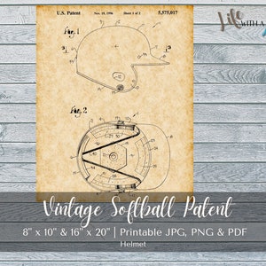 PRINTABLE Vintage Softball Helmet Patent Print - INSTANT DOWNLOAD