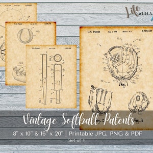 PRINTABLE Vintage Softball Patent Prints Set Bundle - INSTANT DOWNLOAD