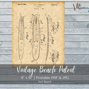 Impresión de patente de tabla de surf de playa vintage IMPRIMIBLE - descarga instantánea