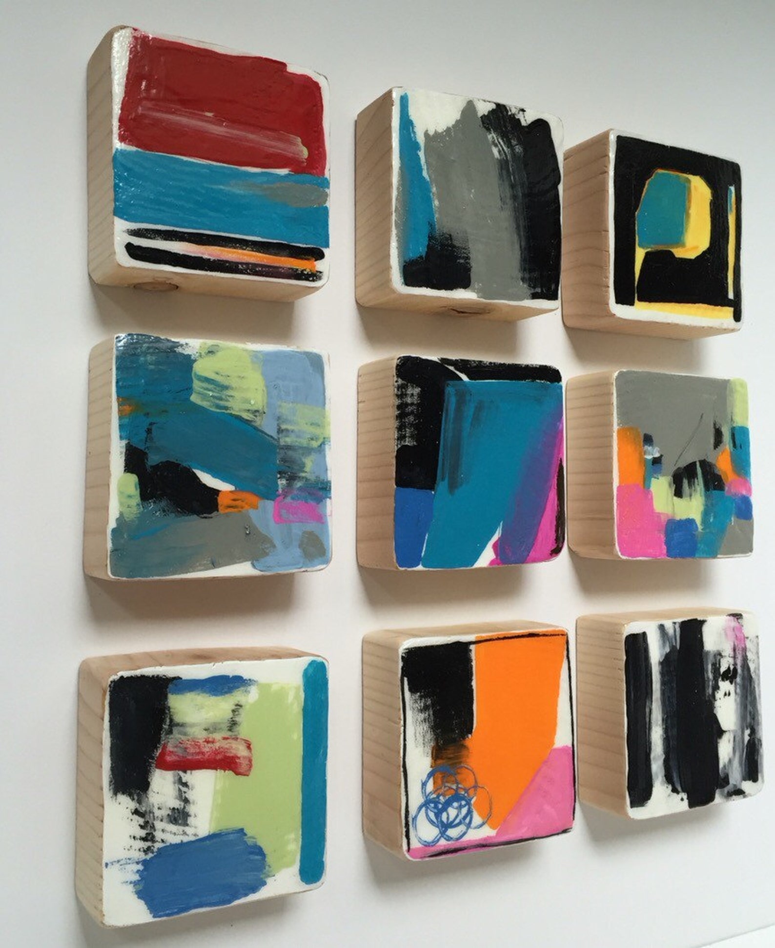 Original Painted Wood Block Wall Art Abstract Painting Modern Etsy