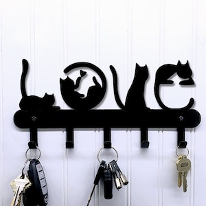Love Spelled Cat Silhouette Wall Mount Metal Key Holder / Key Rack