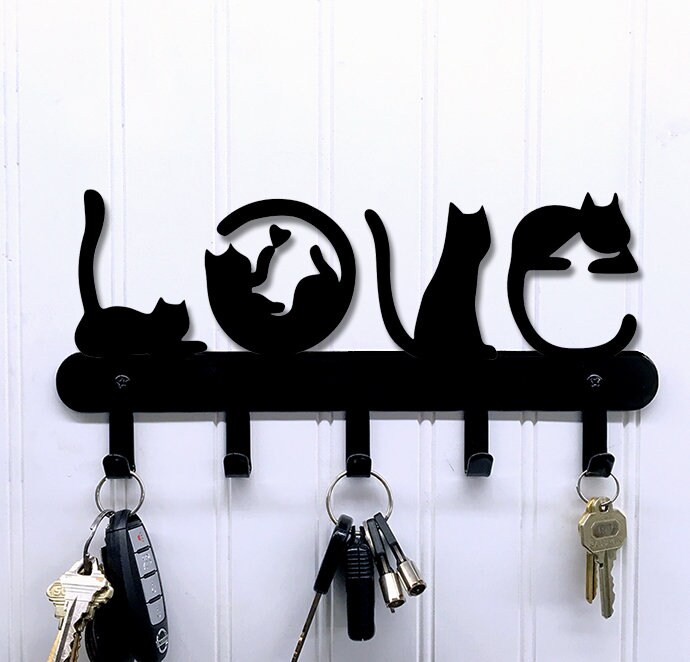 Love Spelled Cat Silhouette Wall Mount Metal Key Holder / Key Rack