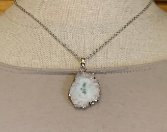 Solar Quartz White and Green Pendant with Silver Chain Necklace