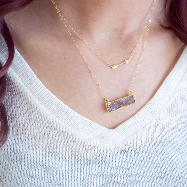 Christmas Gift Ideas Druzy Agate,Gold Necklace Electroplated Druzy Druzy Bar Necklace Natural Druzy Quartz Necklace 14k Gold Filled