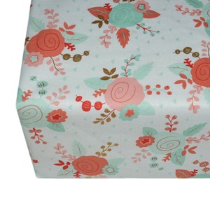 Floral Fitted Crib Sheet, Coral Gold Mint Roses, Girl Nursery Bedding, Toddler Sheet, Handmade Baby Shower Gift .. image 2