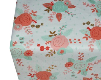 Coral Gold and Mint Roses Fitted Crib Sheet, Floral Baby Girl Bedding, Floral Nursery
