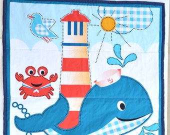 Lighthouse and Whale Baby Comforter 35"x 40", Quilted Blanket, Nautical Nursery Bedding, Gender Neutral Baby Gift