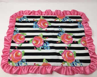 Pink Roses Security Ruffle Baby Blanket 15" by 18", Floral Nursery Bedding, Baby Girl Lovey, Handmade Baby Shower Gift ...