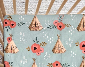 Floral Teepee Fitted Crib Sheet, Girl Nursery Bedding, Toddler Sheet, Handmade Baby Shower Gift ...