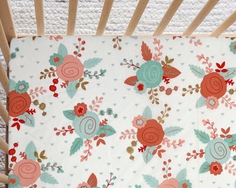 Floral Fitted Crib Sheet, Coral Gold Mint Roses, Girl Nursery Bedding, Toddler Sheet, Handmade Baby Shower Gift ..