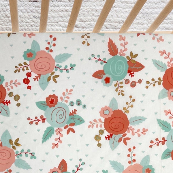 Floral Fitted Crib Sheet, Coral Gold Mint Roses, Girl Nursery Bedding, Toddler Sheet, Handmade Baby Shower Gift ..