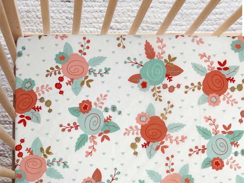 Floral Fitted Crib Sheet, Coral Gold Mint Roses, Girl Nursery Bedding, Toddler Sheet, Handmade Baby Shower Gift .. image 1