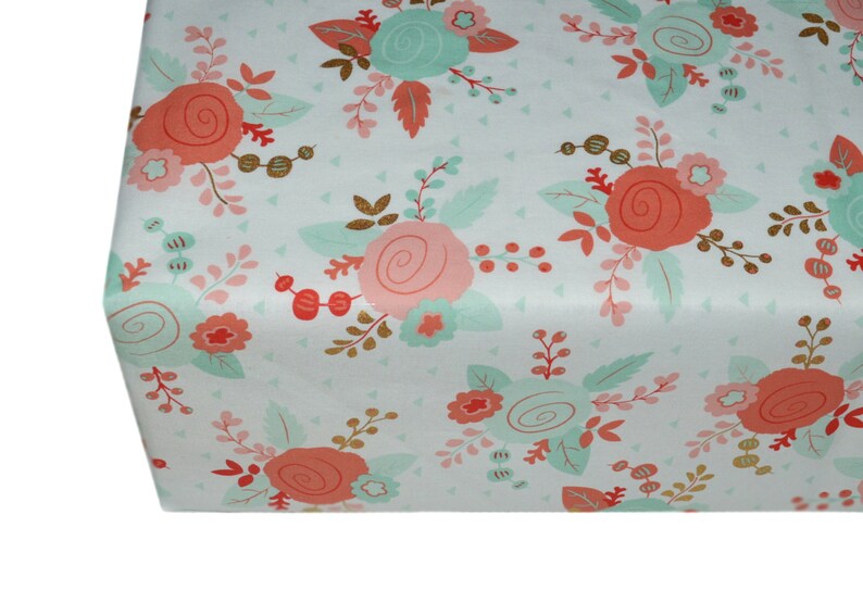 Floral Fitted Crib Sheet, Coral Gold Mint Roses, Girl Nursery Bedding, Toddler Sheet, Handmade Baby Shower Gift .. image 2