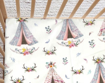 Floral Teepee Fitted Crib Sheet, Girl Crown Nursery Bedding, Toddler Sheet, Handmade Baby Shower Gift ..