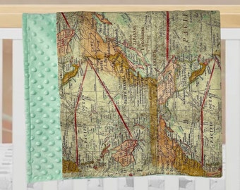 Nautical Baby Blanket 30" by 35", Vintage Map, Gender Neutral Nursery Bedding, Baby Shower Gift ...