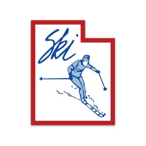 May include: A blue and white illustration of a skier in a red outline. The word "Ski" is written in blue cursive above the skier.