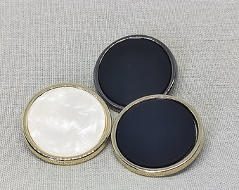 Round Shank Buttons, 15mm to 25mm Gold Flat Buttons, Black/ White Metal Button, Pack of 5(B096)