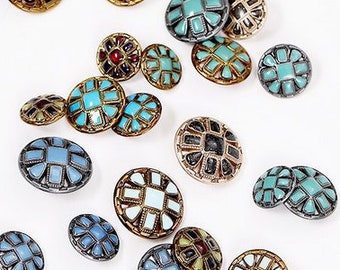 Jewel buttons in Green,Blue, Red Color, Mental Flower Design,18mm to 28mm, Pack of 10(B338)