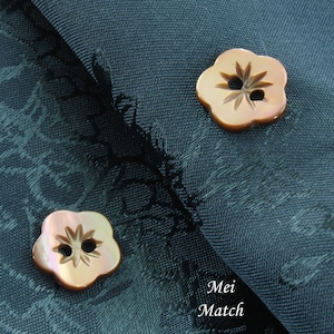 May include: Two iridescent brown shell buttons with a star-shaped design. The buttons are on a dark blue fabric with a floral pattern.