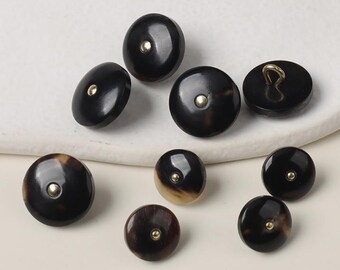 Black Natural Horn Buttons with Warm Yellow Highlights, Metal Shank Back, 11.5mm, 15mm, Pack of 5(B1973)