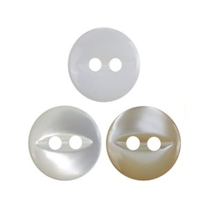 May include: Three two-hole buttons, one white, one off-white, and one beige. The buttons are round and have a slight sheen.