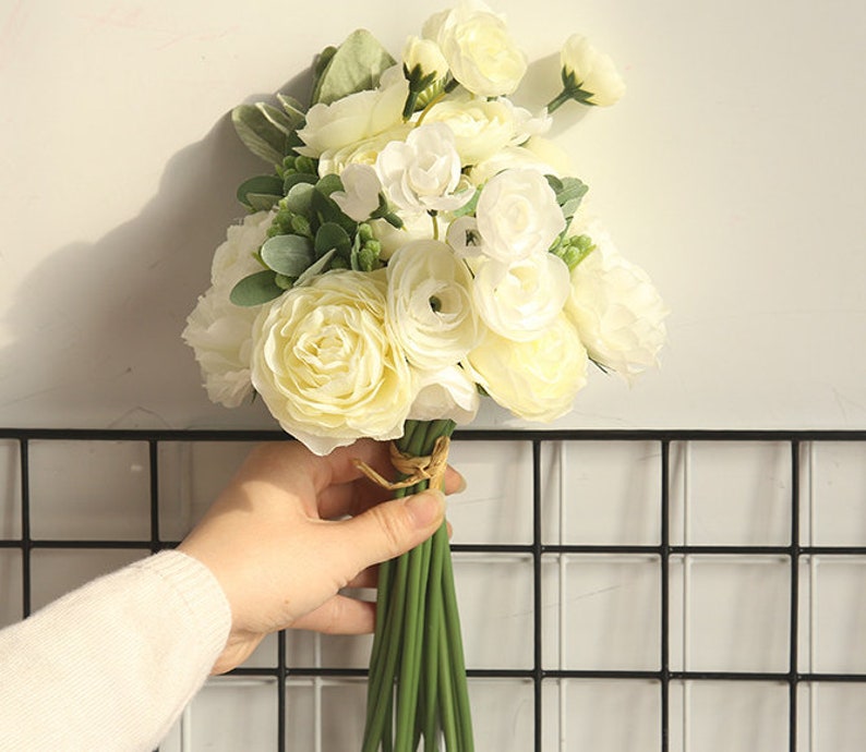 Ivory and White Bouquet Artificial Ivory Ranunculus asiaticus Bouquet Wedding Bouquet