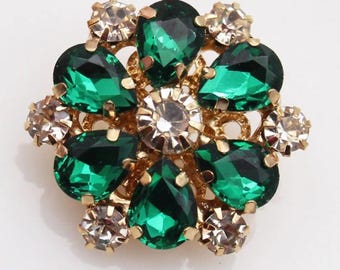 Green Rhinestone Flower Buttons, 25mm/1", Metal Shank Back, Jewel Embellishment, Pack of 6(B1720)
