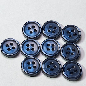 Małe plastikowe guziki w kolorze granatowym, błyszczące, 10 mm, 11,5 mm, 4 otwory, opakowanie 10 sztuk (B1954)