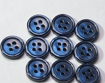 Dark Navy Blue Plastic Small Buttons, Glossy Finish, 10mm, 11.5mm, 4-Hole, Pack of 10(B1954)